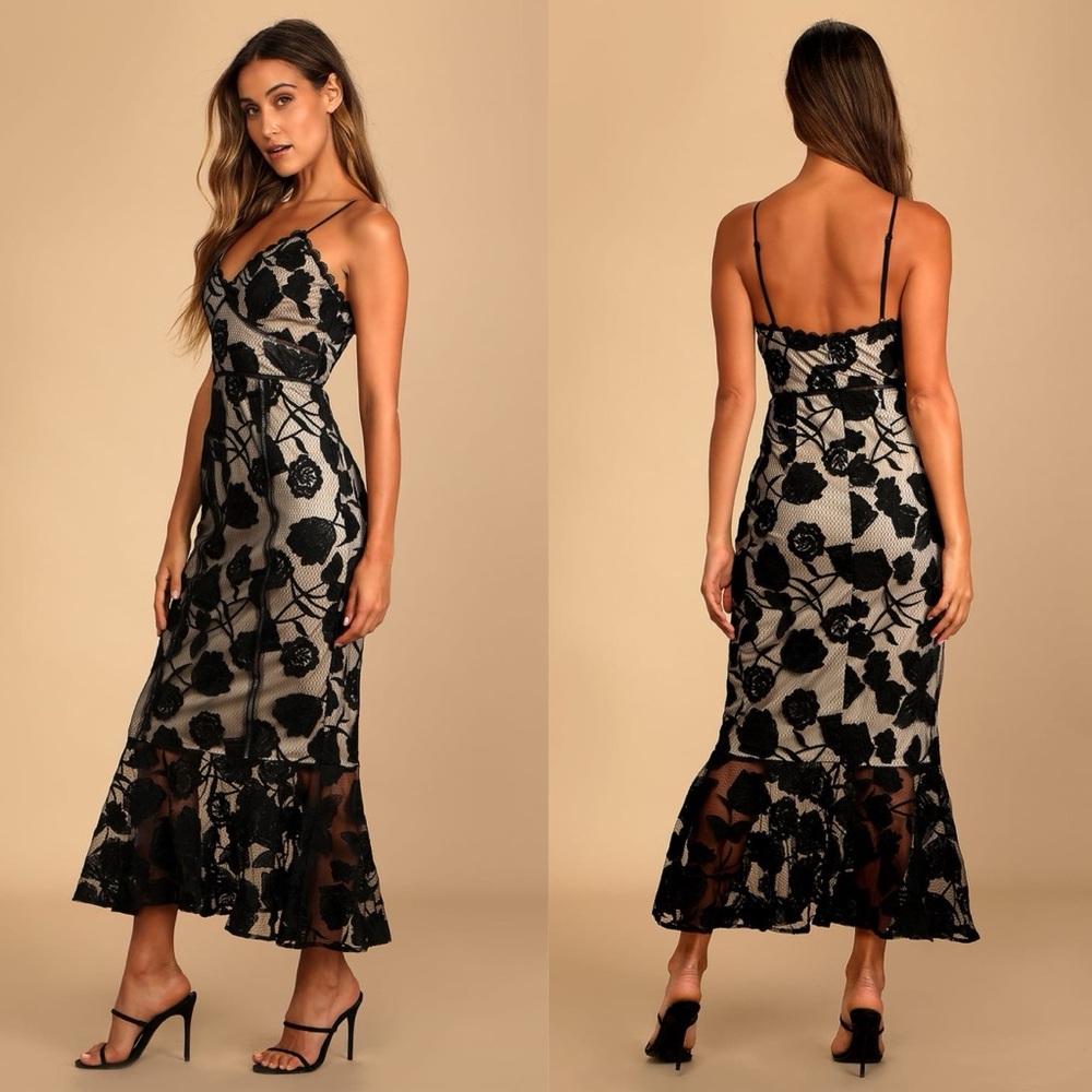NEW Lulus Alluring Dream Black Floral Mesh Lace Trumpet Midi Dress - Picture 10 of 10